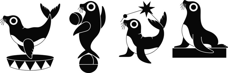 Vector silhouette set of circus seals performing tricks with balls and stars, isolated on white background for entertainment and zoo design concepts © Sagar Creative
