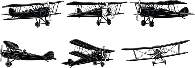 Vintage biplane silhouette collection, retro aircraft vector set, old flight aviation symbol, classic airplane illustration, isolated white background, pilot transport design, black art. © Sagar Creative