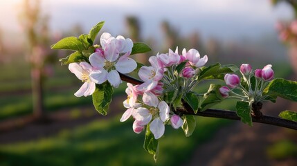 Obraz premium Delicate Apple Blossom Branch with Soft Pink and White Flowers Against a Bright Green Orchard Background in Early Spring Light