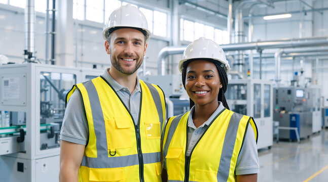 Portrait of diverse factory workers in safety gear. Smiling man and woman wearing hard hats and yellow vests in a manufacturing plant. Industrial teamwork and workplace diversity concept