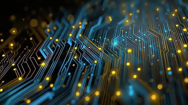Vibrant blue and yellow glowing digital circuit board representing innovation and data processing