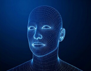 Digital 3D rendering of a human face outlined in blue wireframe