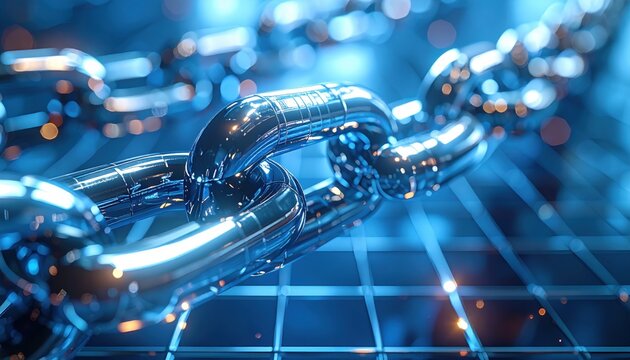 FlyPro Firefly Gleaming chrome interlinked chain segments forming a complex abstract structure with a photorealistic DSLR style and cool blue illumination