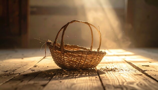 FlyPro Firefly single, small, empty woven basket with a broken handle, meticulously captured lying on a dusty floor in professional product photography style.