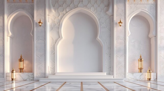 Luxury white islamic mosque interior background with arch and golden lanterns
