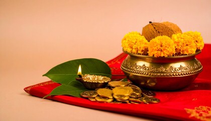A vibrant display features a golden pot adorned with flowers and a coconut. A lit oil lamp, coins, and a green leaf complete the setting