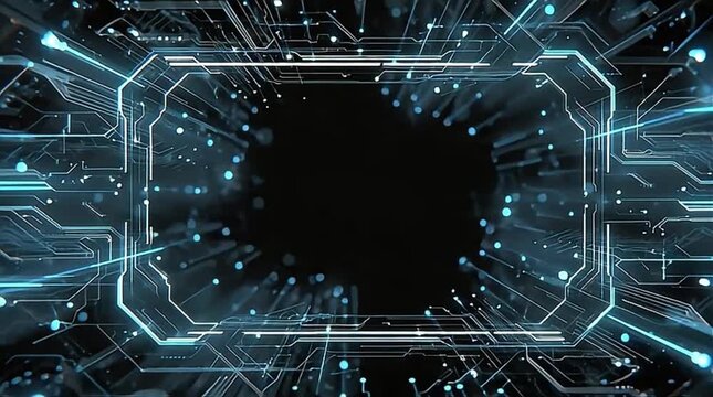 Abstract glowing blue neon frame with geometric cross patterns on a dark background