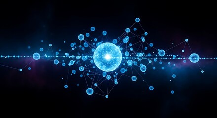 Fototapeta premium Abstract blue glowing spheres network connection, digital technology background, futuristic AI concept illustration