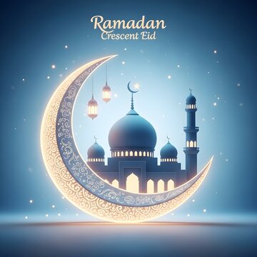 Ramadan eid mubarak wishes crescent moon and mosque illustration