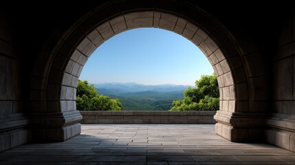 Scenic Window Frame with Mountain View Surrounded by Lush Greenery, Offering a Breathtaking Perspective on a Sunny Day in Nature