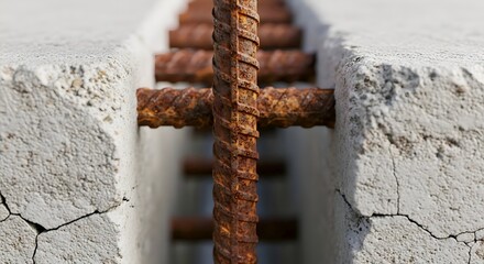 Reinforced Concrete with Rusty Rebar Cross Section, Industrial Construction Texture