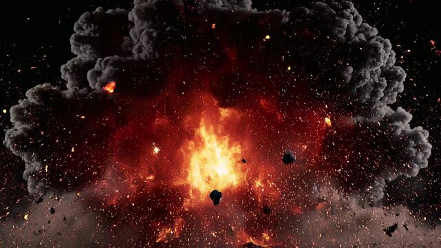 Explosive blast with fire and smoke in dark space.