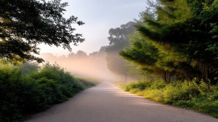 Obraz premium Serene Misty Pathway Through Lush Green Trees in Early Morning Light Capturing Nature's Tranquility and Beauty in a Calm Landscape Scene