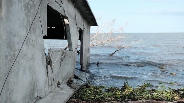 concret waste of a destroyed house by the sea
