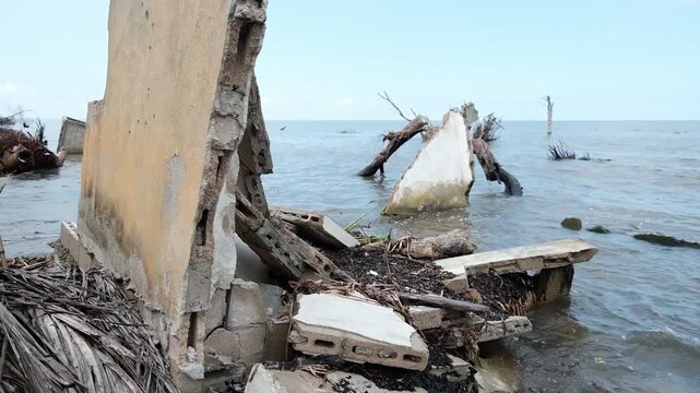 concret waste of a destroyed house by the sea