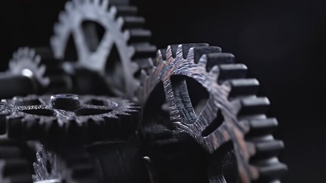 Intricate macro shot of interlocking gears, showcasing detail and depth on a dark backdrop