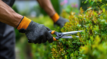 Naklejka premium Gardener at Work: A gardener meticulously trims a lush, green hedge with precision, embodying the dedication and care required for cultivating natural beauty.