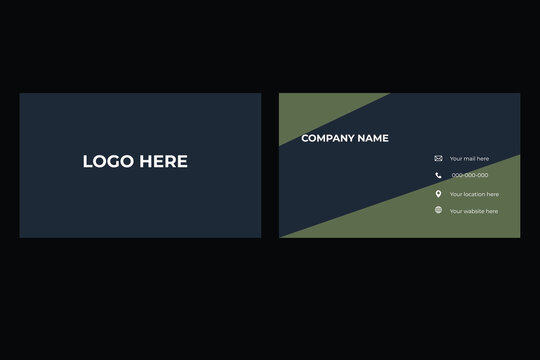 Dark navy and olive green business card template with logo and contact information placeholders vector