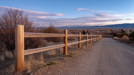 Fototapeta premium Serene Landscape at Dusk with Wooden Fence Along Dusty Path Surrounded by Nature and Rolling Hills in the Background