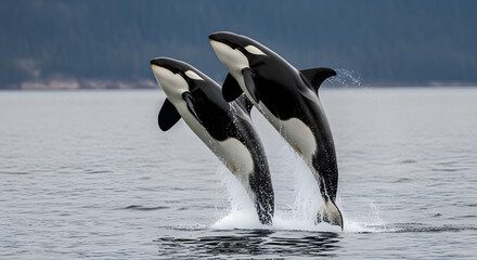 Obraz premium Two orcas jumping out of the water in a stunning display of aquatic acrobatics