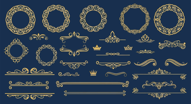 Elegant collection of golden vintage ornamental frames, decorative dividers, scrolls, and crowns on a dark blue background.