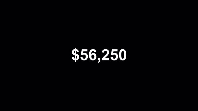 one hundred thousand dollar counting animation from zero to one hundred thousand on a transparent background, 0 to 100,000 dollar money counter animation with alpha channel.