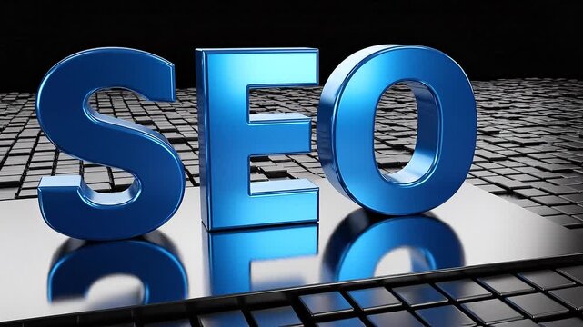 3D rendering of SEO letters on a keyboard with reflective surface and dark background