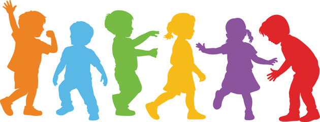 Silhouettes of six children in rainbow colors playing and dancing kids