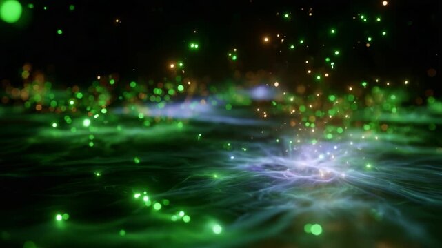 A mesmerizing display of swirling lights and colors, showcasing vibrant particles of green and gold amidst a dynamic, flowing background of ethereal energy