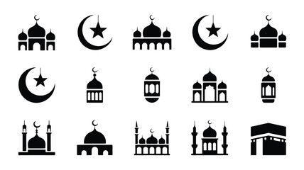 Eid and ramadan silhouette logo set with mosque and crescent moon icons for festive greeting cards and islamic celebrations © Shovon