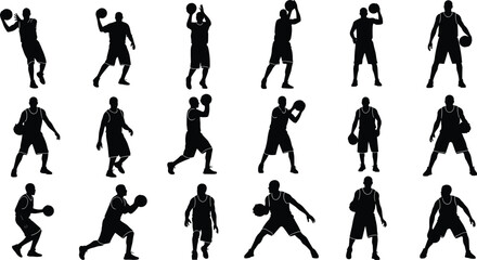 Black silhouettes of basketball players in action poses like shooting and dribbling plus a hoop isolated on white background for sports competition concepts © Asraful