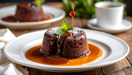 Decadent chocolate dessert with caramel sauce and mint garnish
