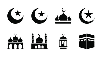 Obraz premium Islamic symbols and mosque icons in black on white background for ramadan and eid celebrations