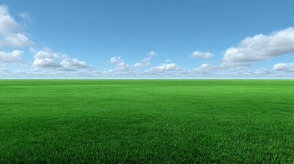 Fototapeta premium Vast Green Field Under Clear Sky with Fluffy Clouds, Perfect for Nature Themes and Outdoor Landscapes – Ideal for Relaxation and Peaceful Vibes