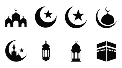 Ramadan kareem professional silhouette logo set with mosque crescent moon star lantern and kaaba cube icons on white background for islamic holiday greeting cards and social media posts © Shovon