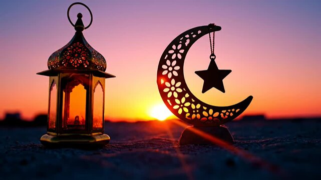 Ornate metallic lantern and crescent moon with star decoration against vibrant sunset
