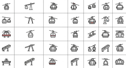 Collection of cable car and ski lift icons in a grid. © Keyu