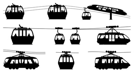 Collection of cable car and tram silhouettes for transportation concepts. © Keyu