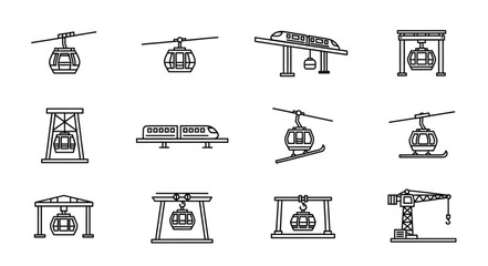 Collection of cable car and transport icons line art. © Keyu