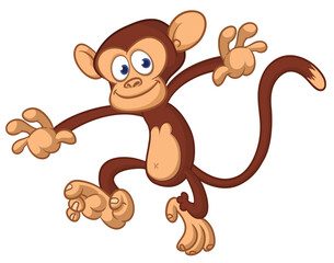 Obraz premium Cartoon funny brown monkey chimpanzee jumping or dancing. Vector illustration isolated on white