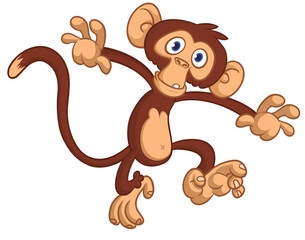 Obraz premium Cartoon funny brown monkey chimpanzee jumping or dancing. Vector illustration isolated on white
