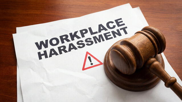  Workplace harassment legal documentation with gavel representing employment law violations employee rights protection discrimination claims and human resources compliance enforcement procedures