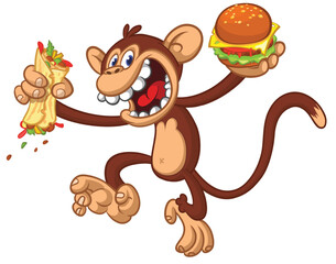Obraz premium Cartoon funny monkey chimpanzee holding hamburger or cheeseburger or falafel in his hands. Vector illustration of happy monkey character design isolated.