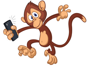 Obraz premium Cartoon funny monkey chimpanzee making selfie with the smartphone. Vector illustration isolated on white