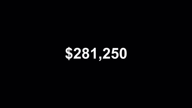 Five hundred thousand dollar counting animation from zero to five hundred thousand on a transparent background, 0 to 500,000 dollar money counter animation with alpha channel.