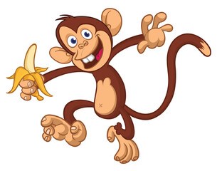 Obraz premium Cartoon funny brown monkey chimpanzee jumping or dancing. Vector illustration isolated on white