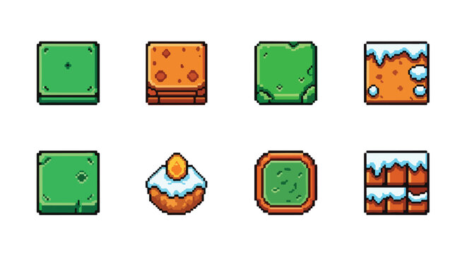 A collection of eight vibrant pixel-art illustrations depicting various game elements, including textured blocks, a snowy block, and a cupcake.