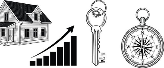 Real estate investment concept illustration with house, rising graph arrow, vintage key and compass in black and white engraving style isolated on background © Ariful