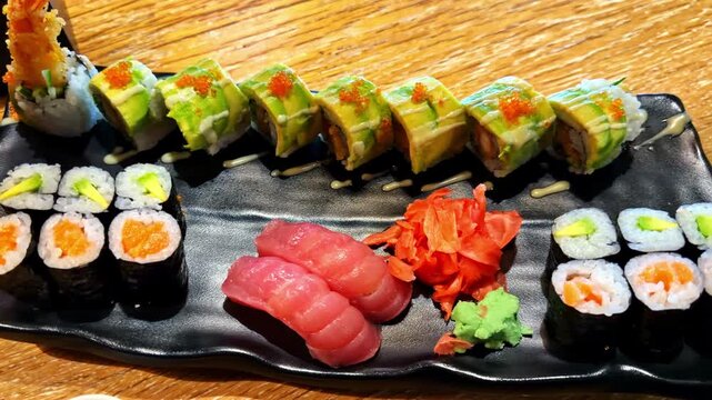 Close up footage of a sushi platter featuring assorted nigiri, maki, and specialty rolls with tuna, salmon, avocado, and roe. The presentation highlights variety, color, and Japanese dining.