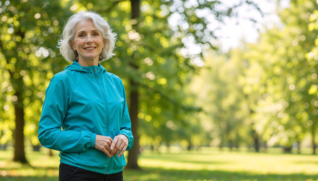 Smiling senior woman in teal sportswear at the park. Active lifestyle and healthy aging concept. Mature female with white hair exercising outdoors